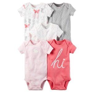 Carters Baby Girl Short-Sleeve Bodysuits 5-Pack 6M Pink & Gray Cotton Blend